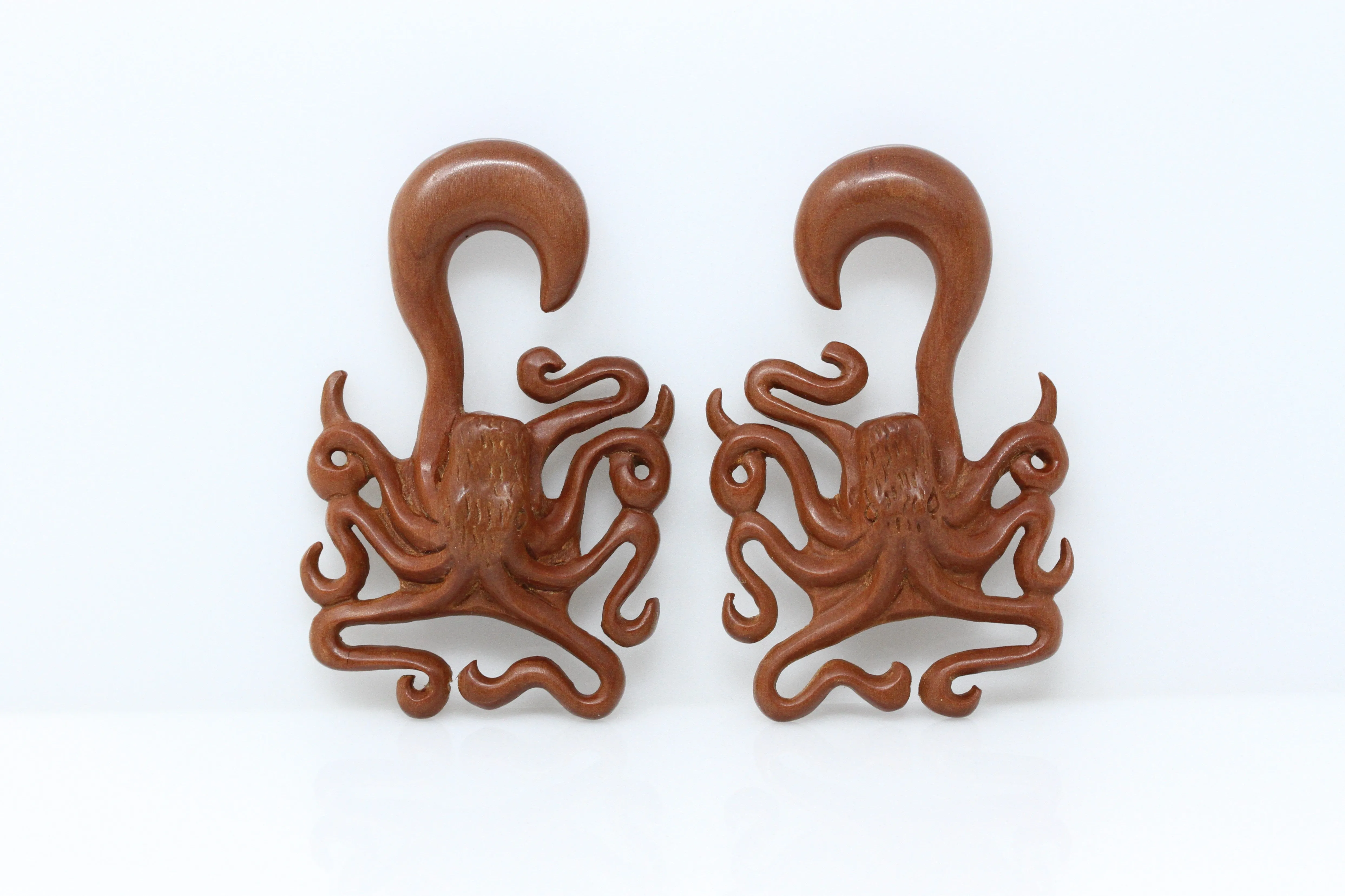 Hand Carved Wood Octopus Ear Hangers (Pair) - A052