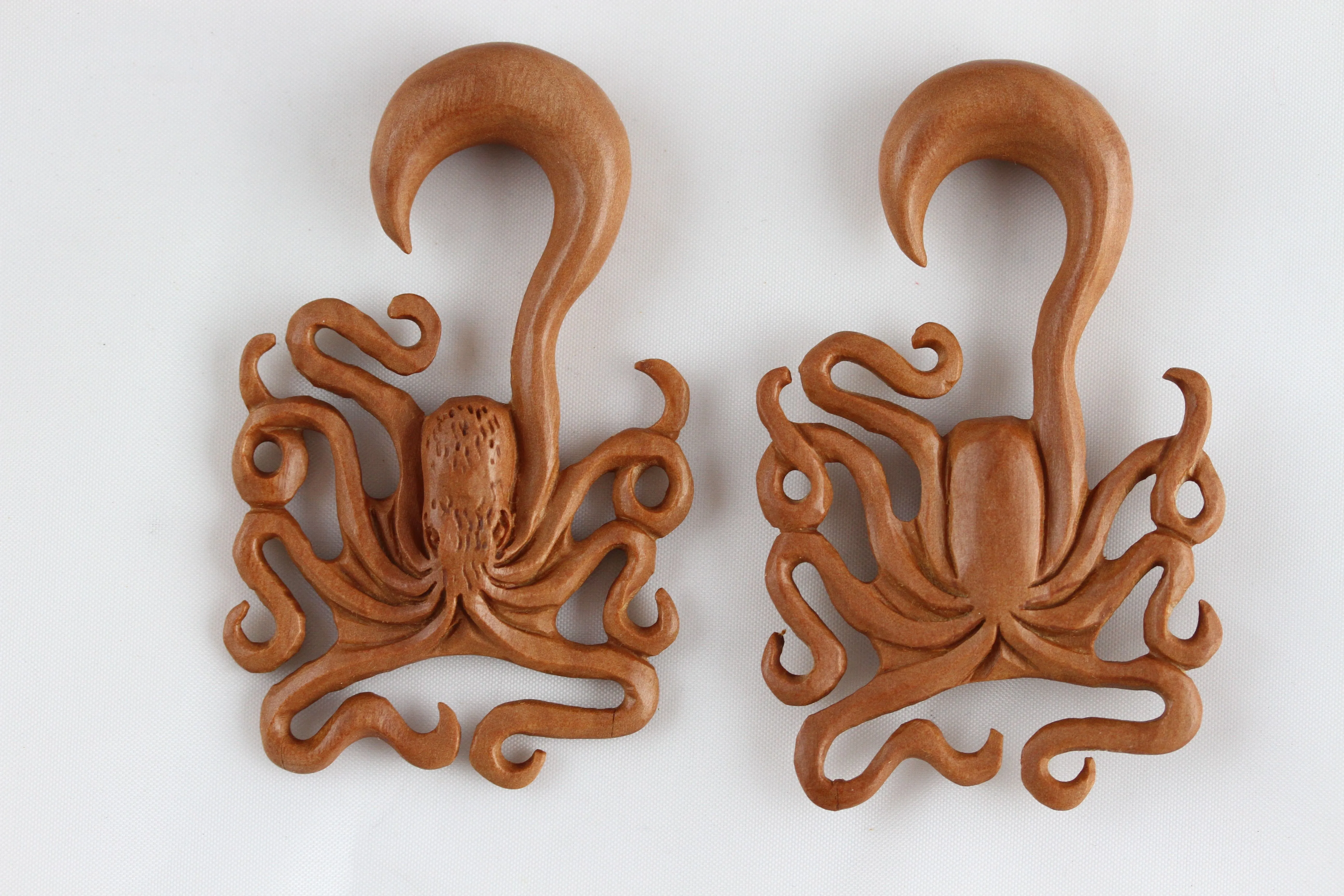 Hand Carved Wood Octopus Ear Hangers (Pair) - A052