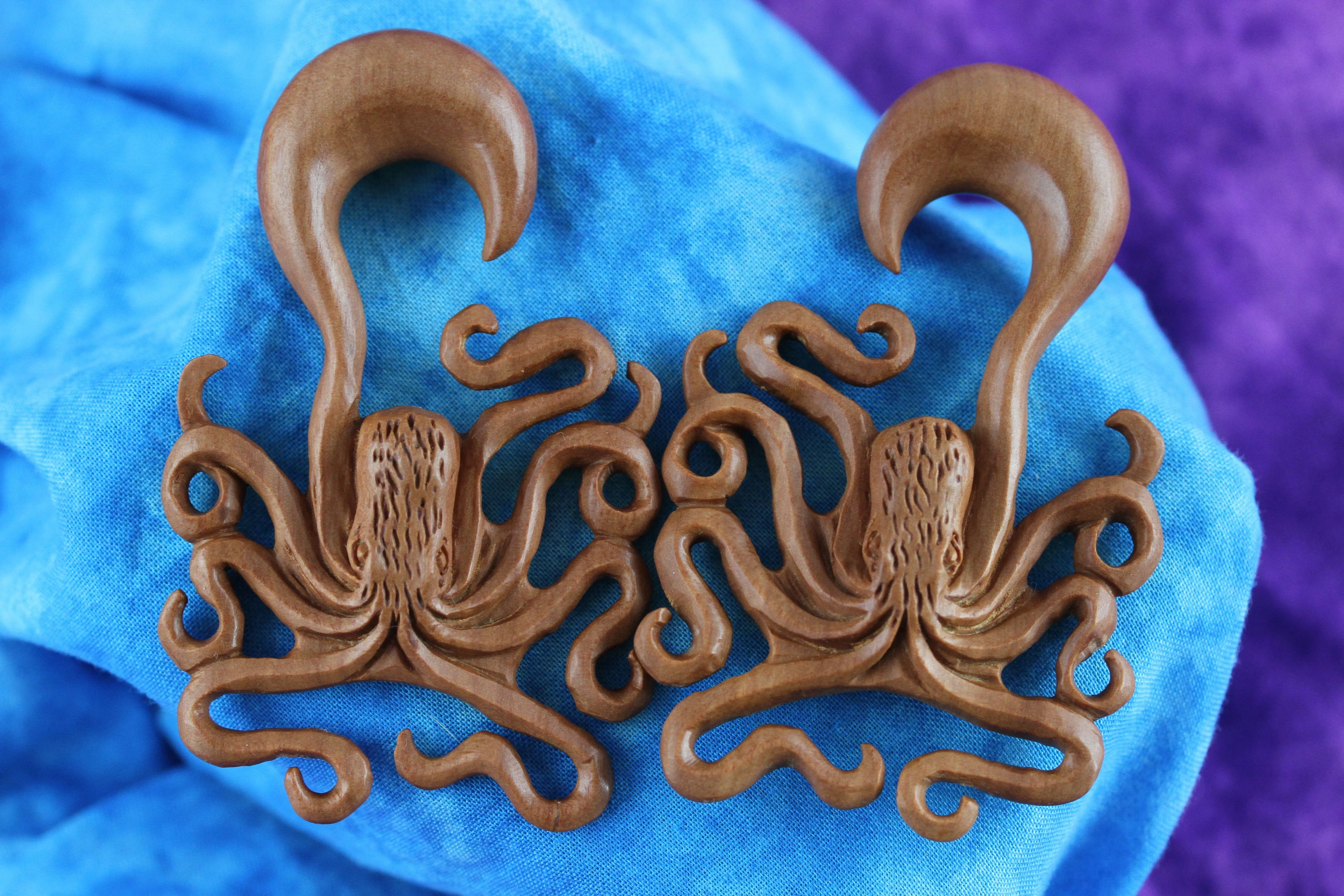 Hand Carved Wood Octopus Ear Hangers (Pair) - A052