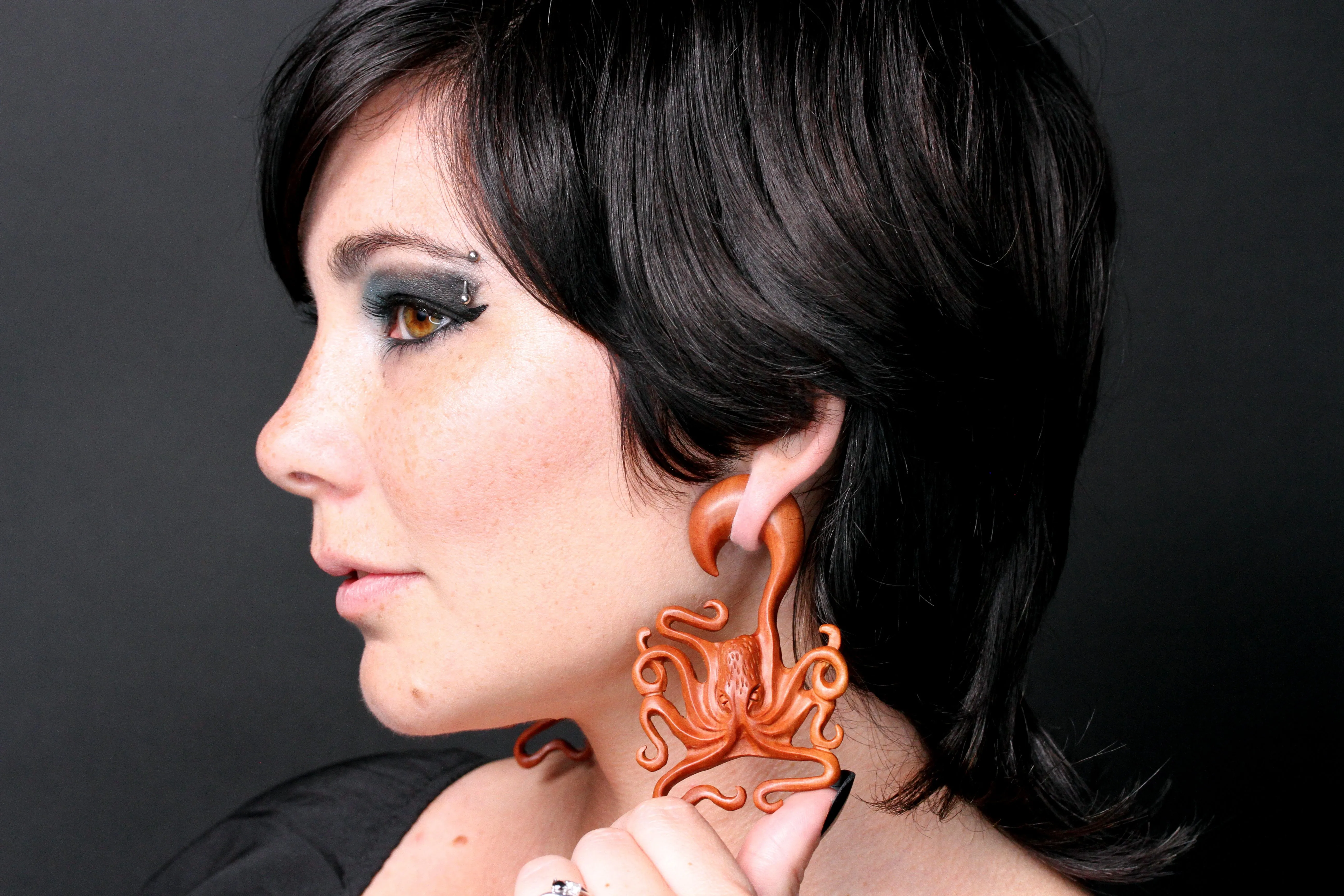 Hand Carved Wood Octopus Ear Hangers (Pair) - A052