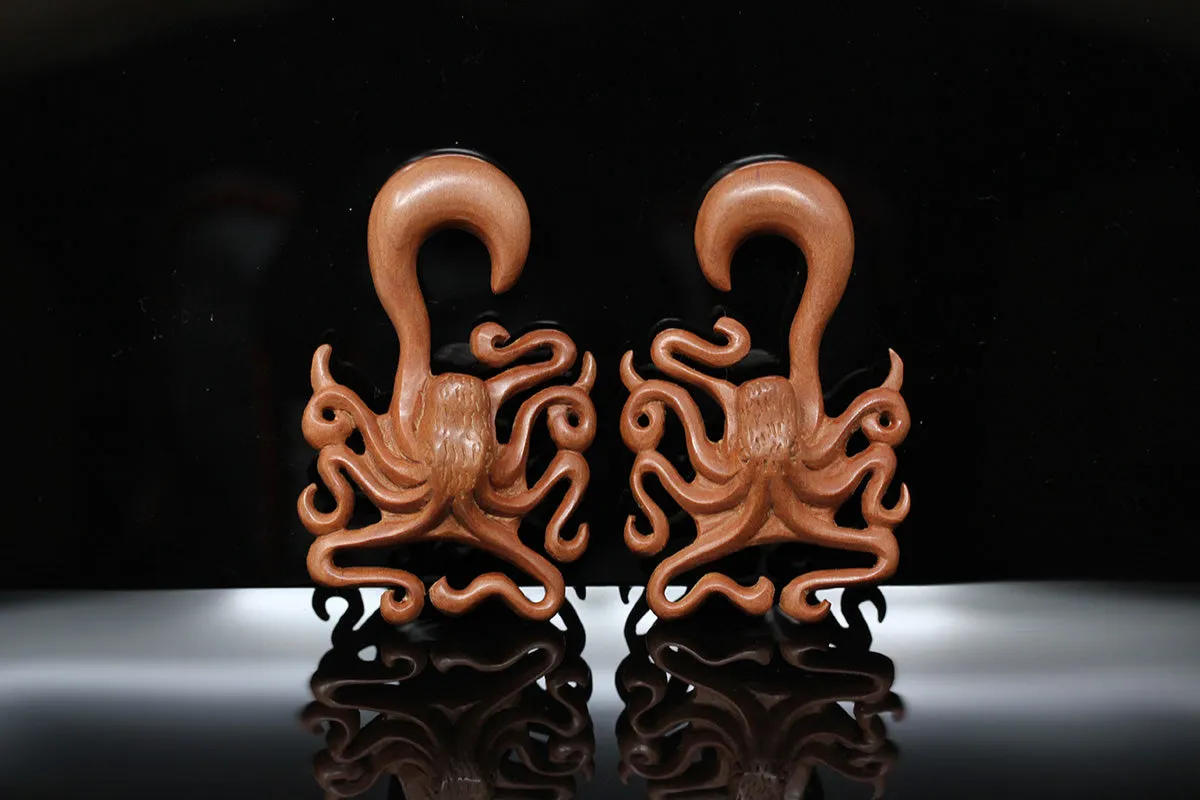 Hand Carved Wood Octopus Ear Hangers (Pair) - A052