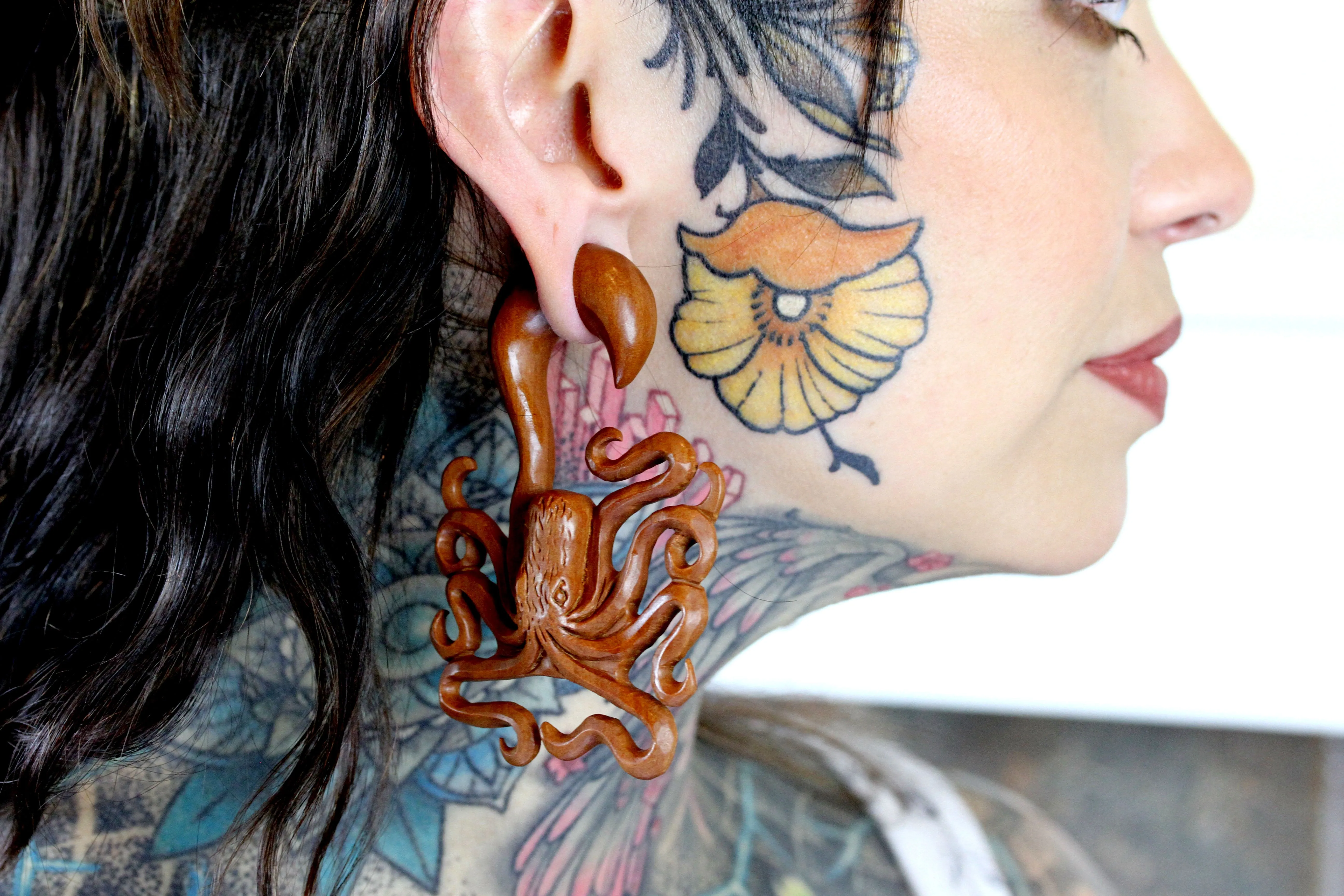 Hand Carved Wood Octopus Ear Hangers (Pair) - A052