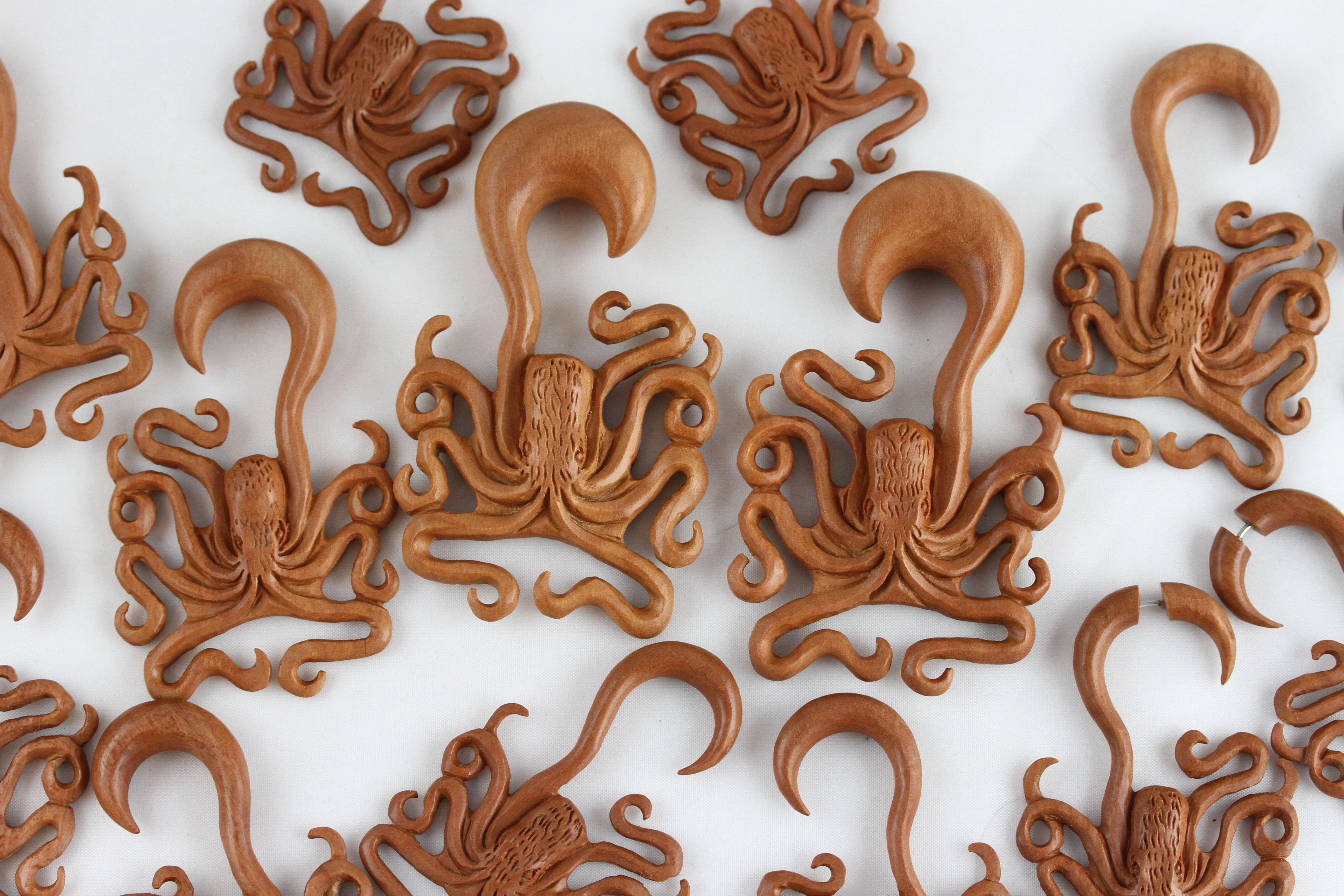 Hand Carved Wood Octopus Ear Hangers (Pair) - A052