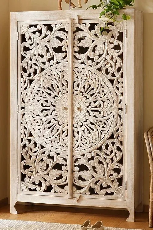 Hand Carved Wooden Floral Pattern Armoire Wardrobe in White Color | Indian Furniture