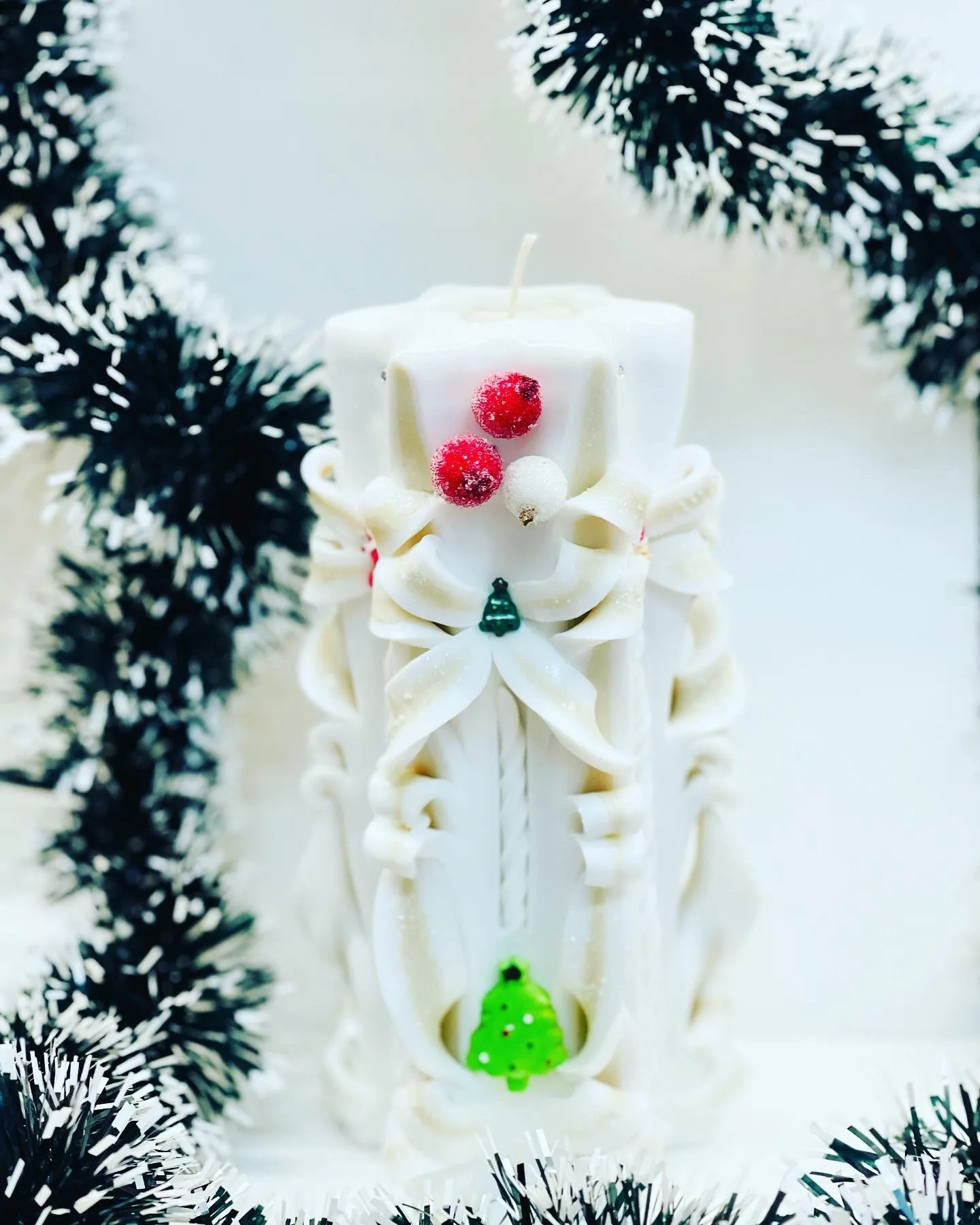 Handmade Carved Candle  - Christmas Snow White Design