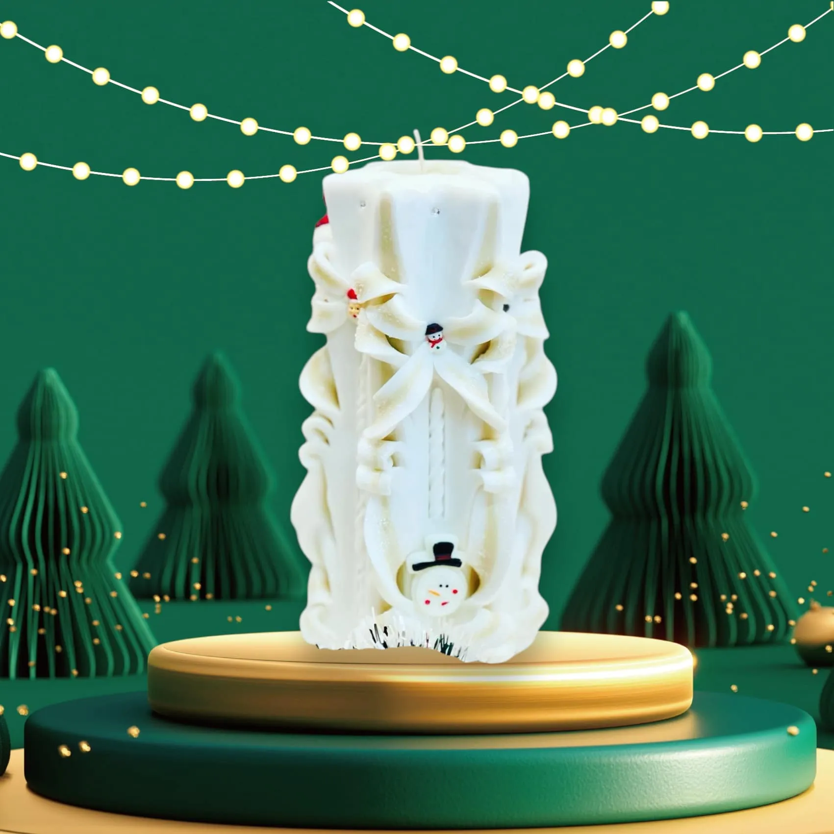 Handmade Carved Candle  - Christmas Snow White Design
