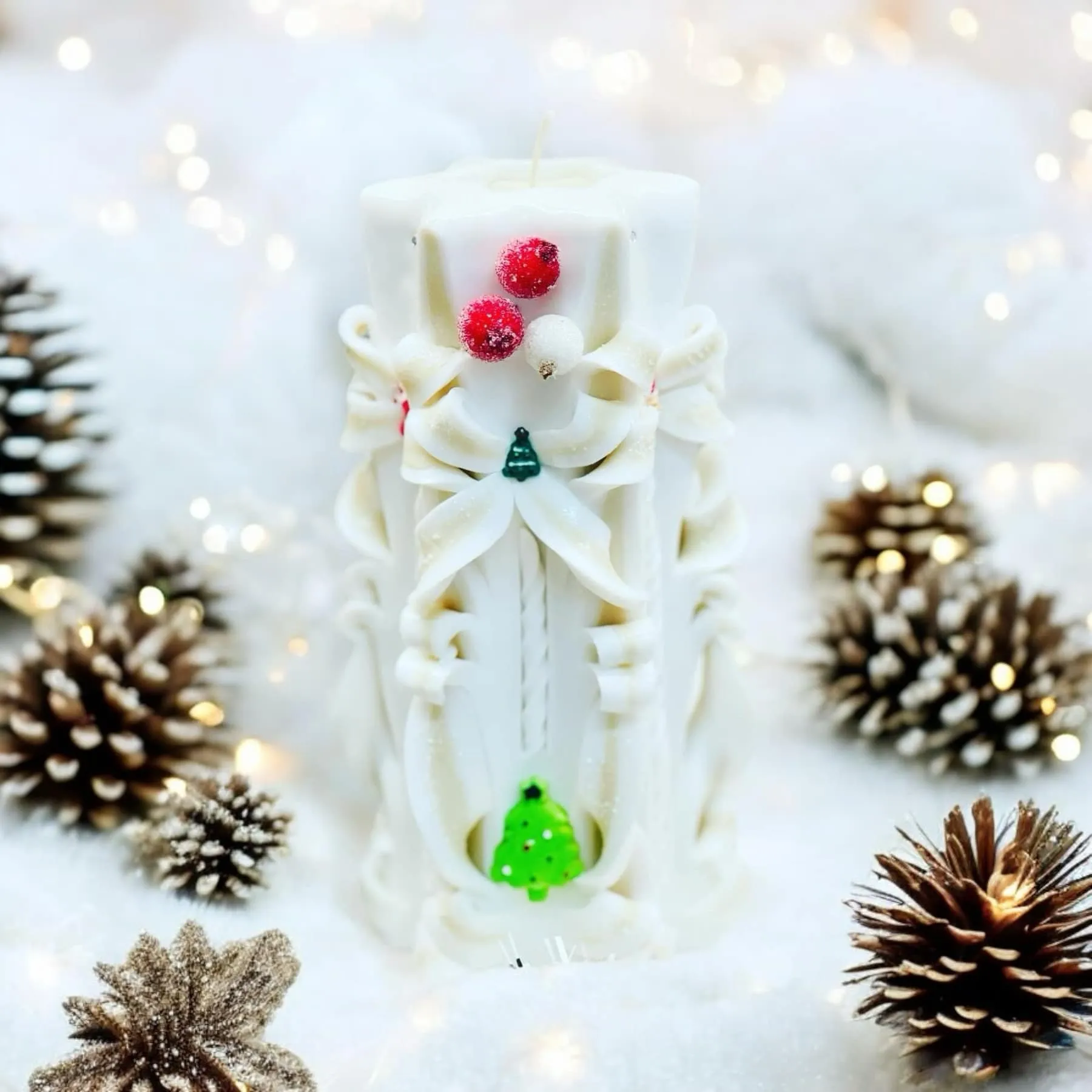 Handmade Carved Candle  - Christmas Snow White Design