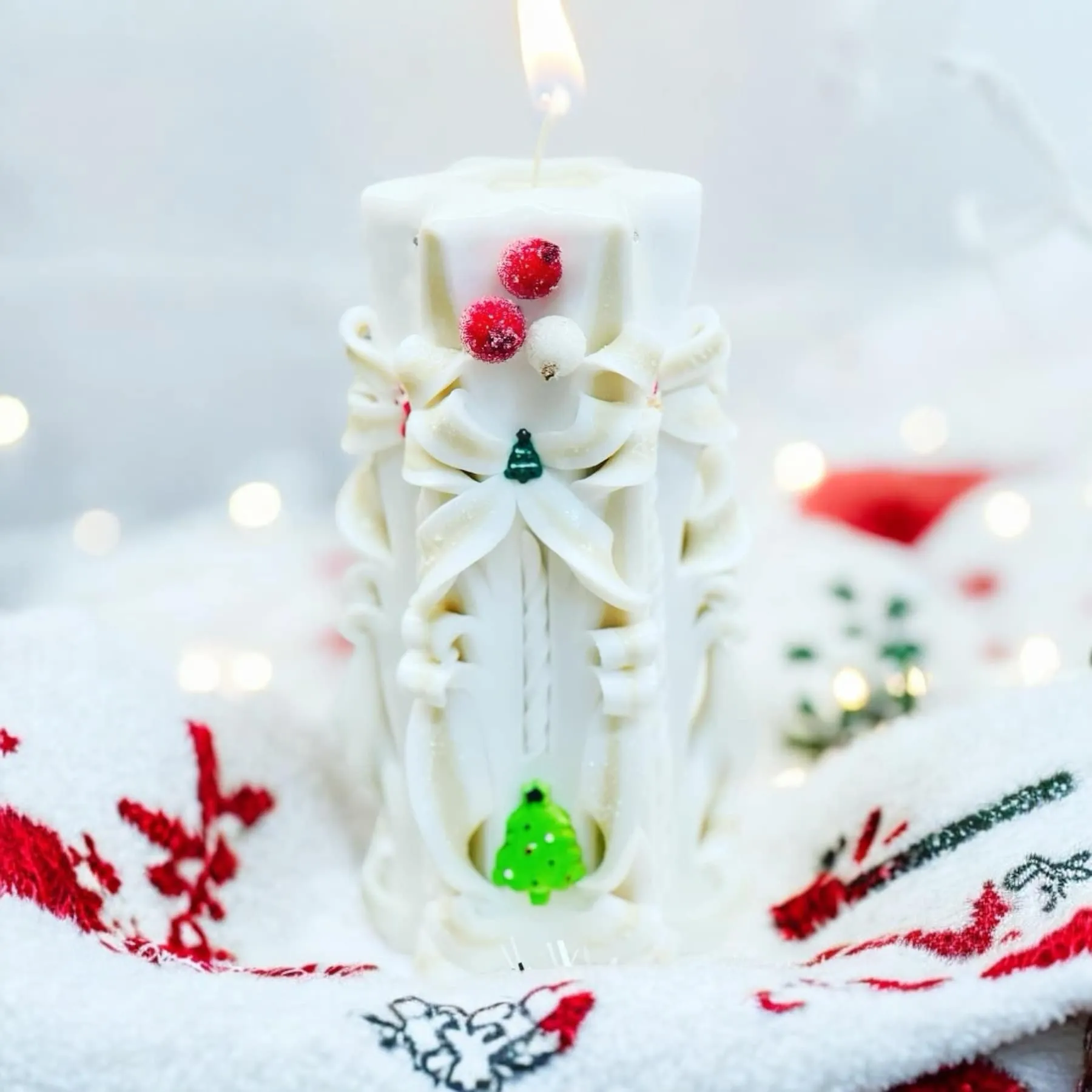 Handmade Carved Candle  - Christmas Snow White Design