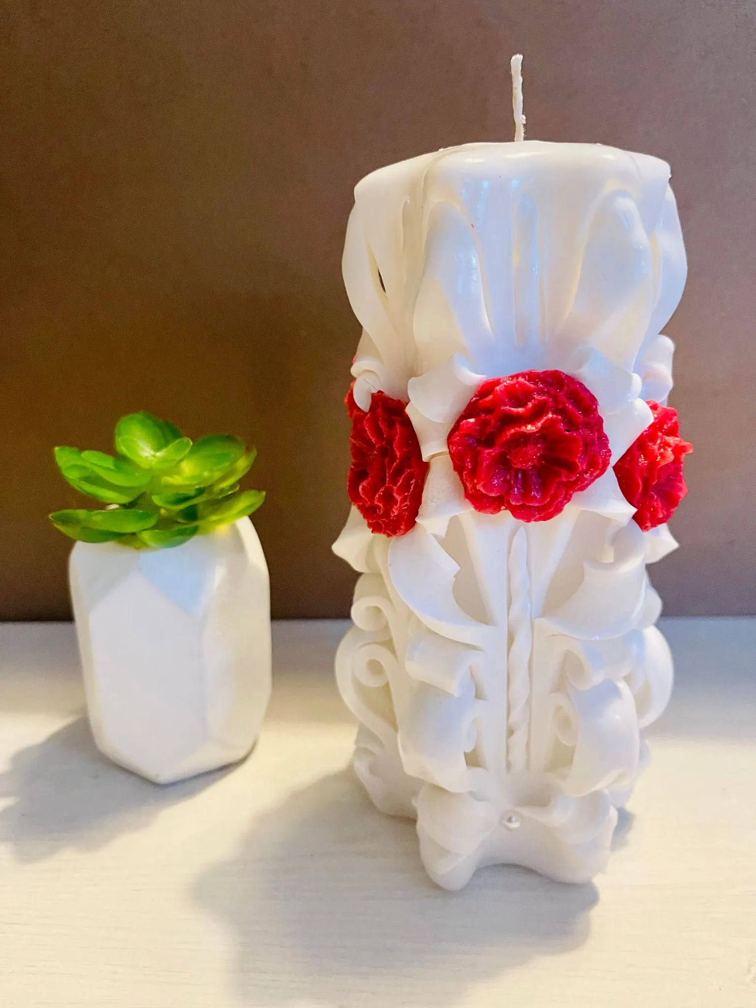 Handmade unfragranced carved candle - Floral design