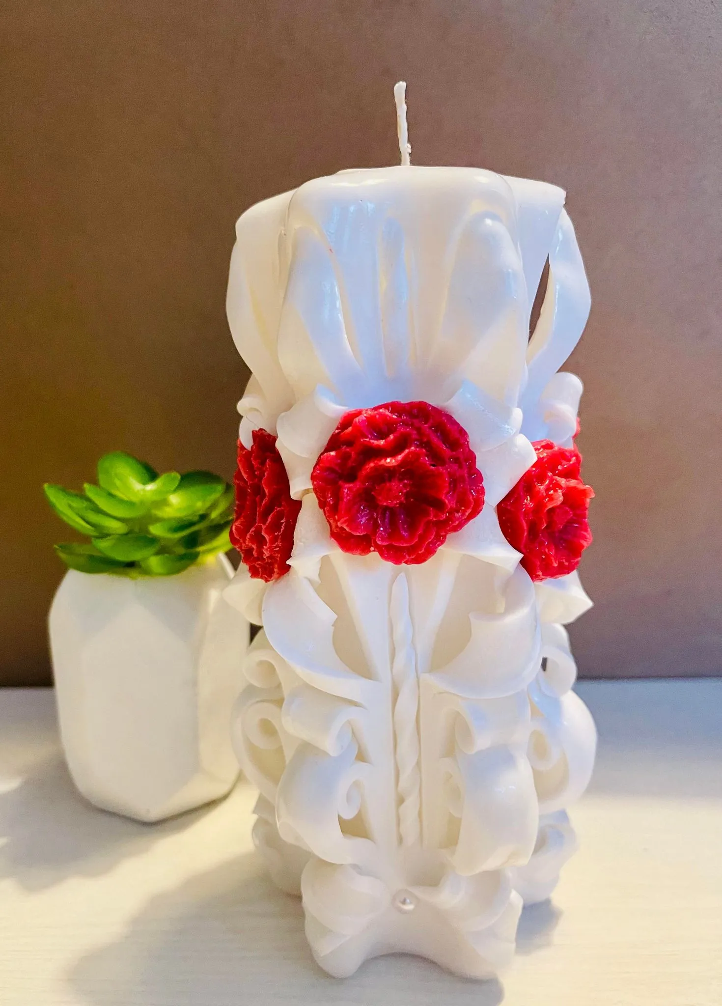 Handmade unfragranced carved candle - Floral design