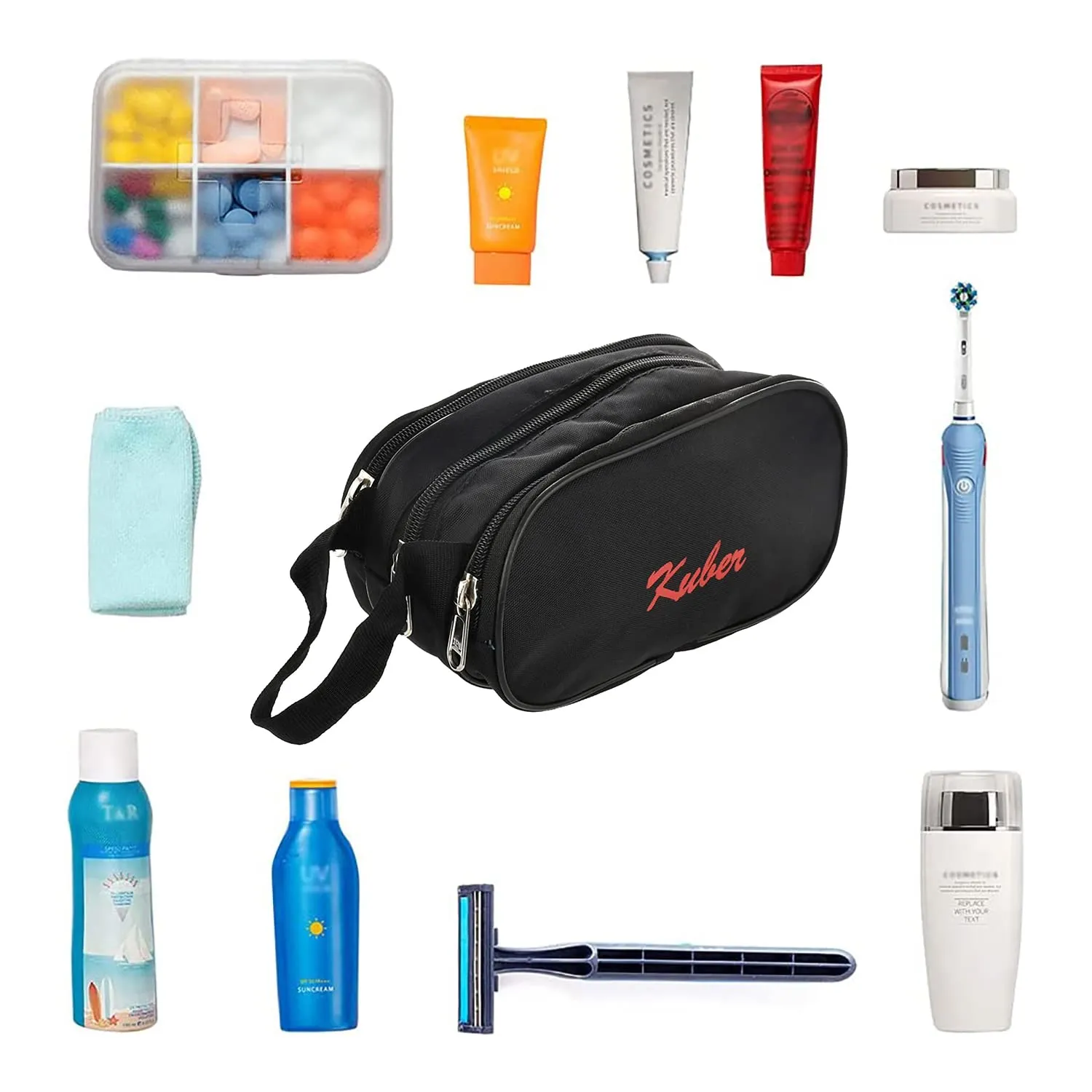 Heart Home Rexine Lightweight Travel Toiletry Bag Shaving Kit with Carrying Strap, Pack of 2 (Black) 54HH4282.