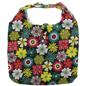 Heavy Duty Floral Print Black Shopping Bag in Zip Wallet