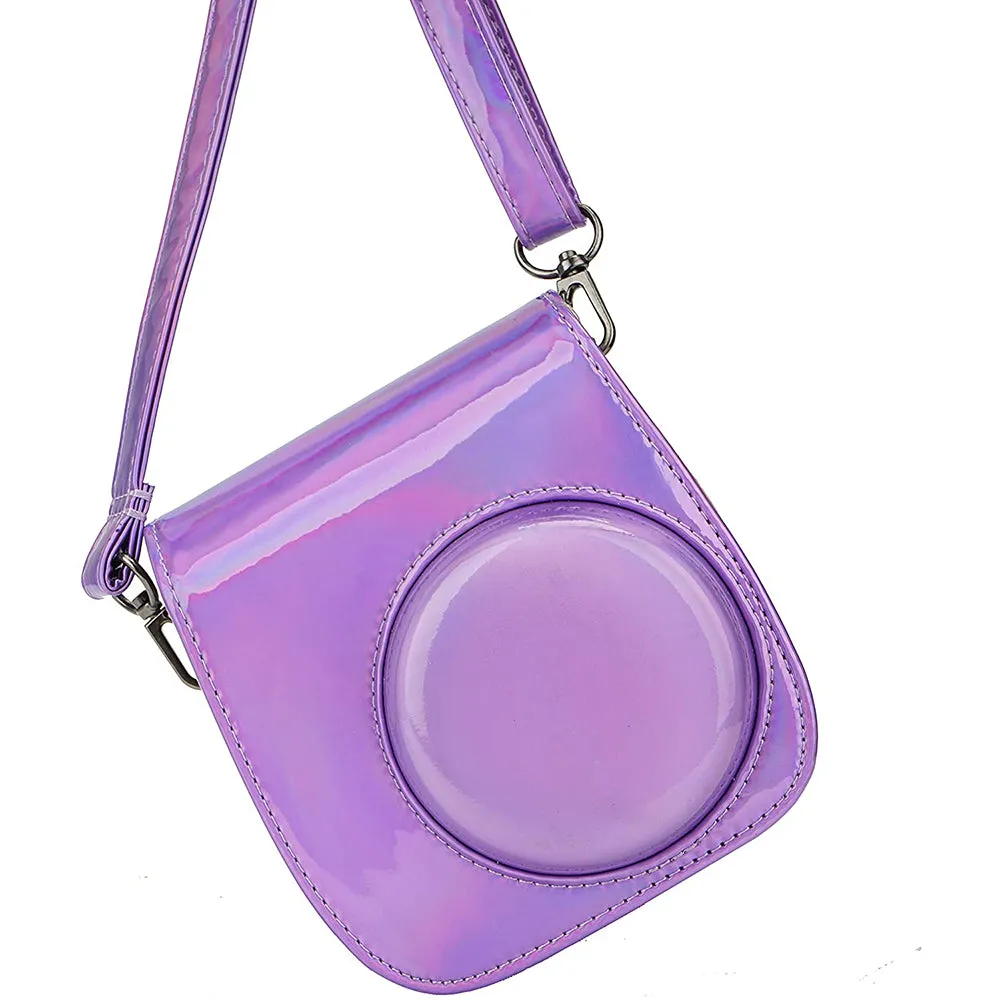 Holographic Case for Fujifilm Instax Mini 11 Case PU Leather Instant Camera Cover with Adjustable Purple