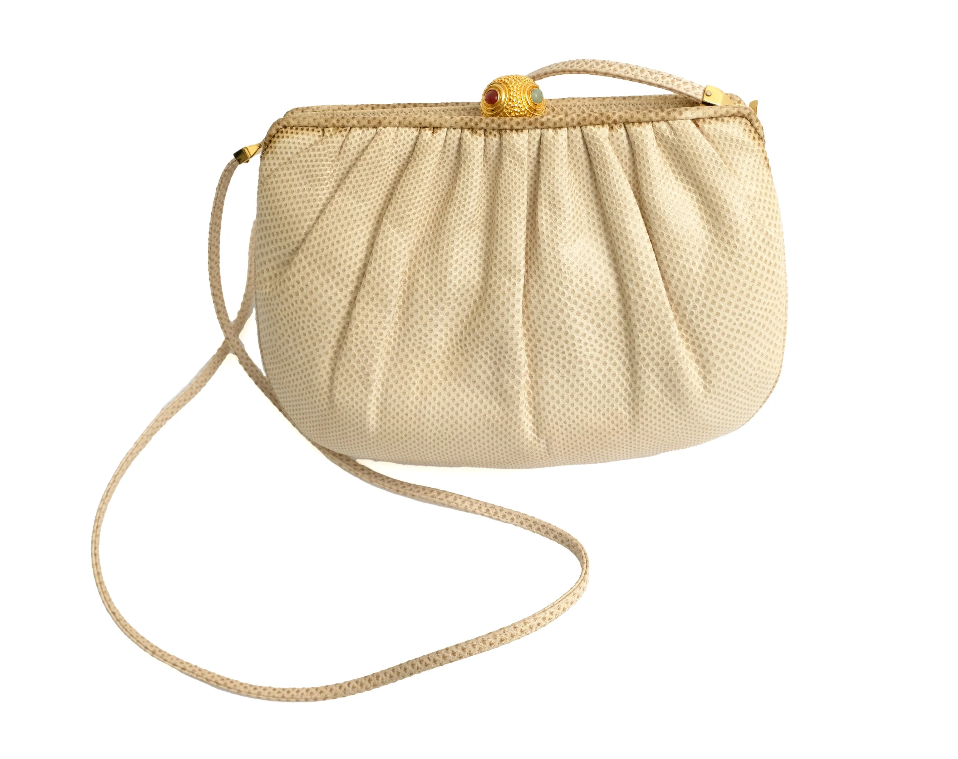 Judith Leiber Vintage Evening Bag in Cream Snakeskin with Jewelled Clasp