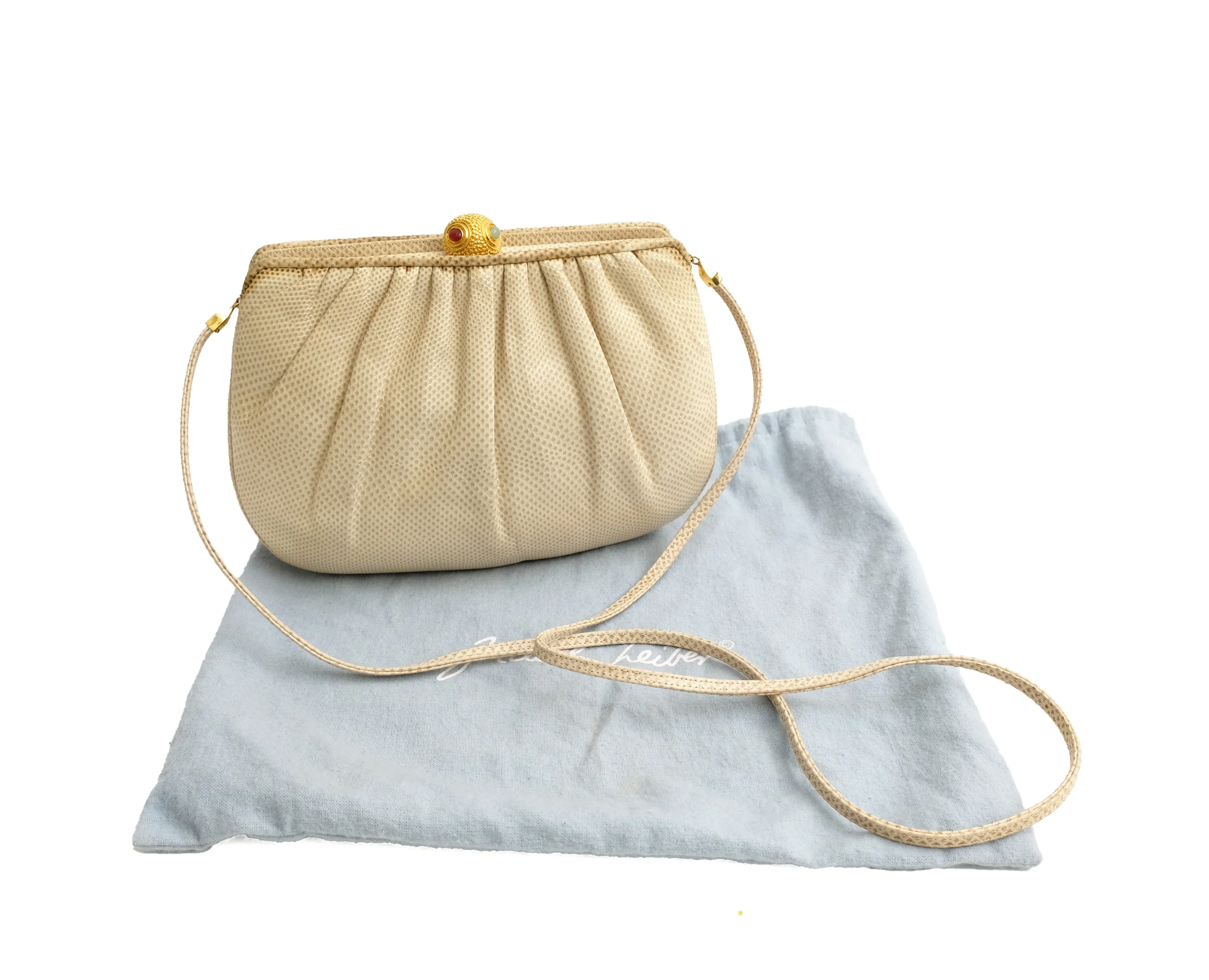 Judith Leiber Vintage Evening Bag in Cream Snakeskin with Jewelled Clasp