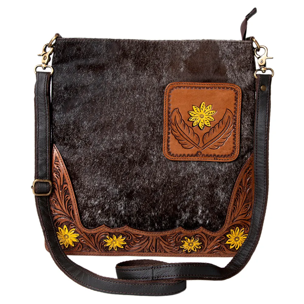 KBA119 - KBA119 -CROSS BODY Hand Tooled Saddle Leather and Upcycled Canvas Ladies Bag 14.5x14 KBA119