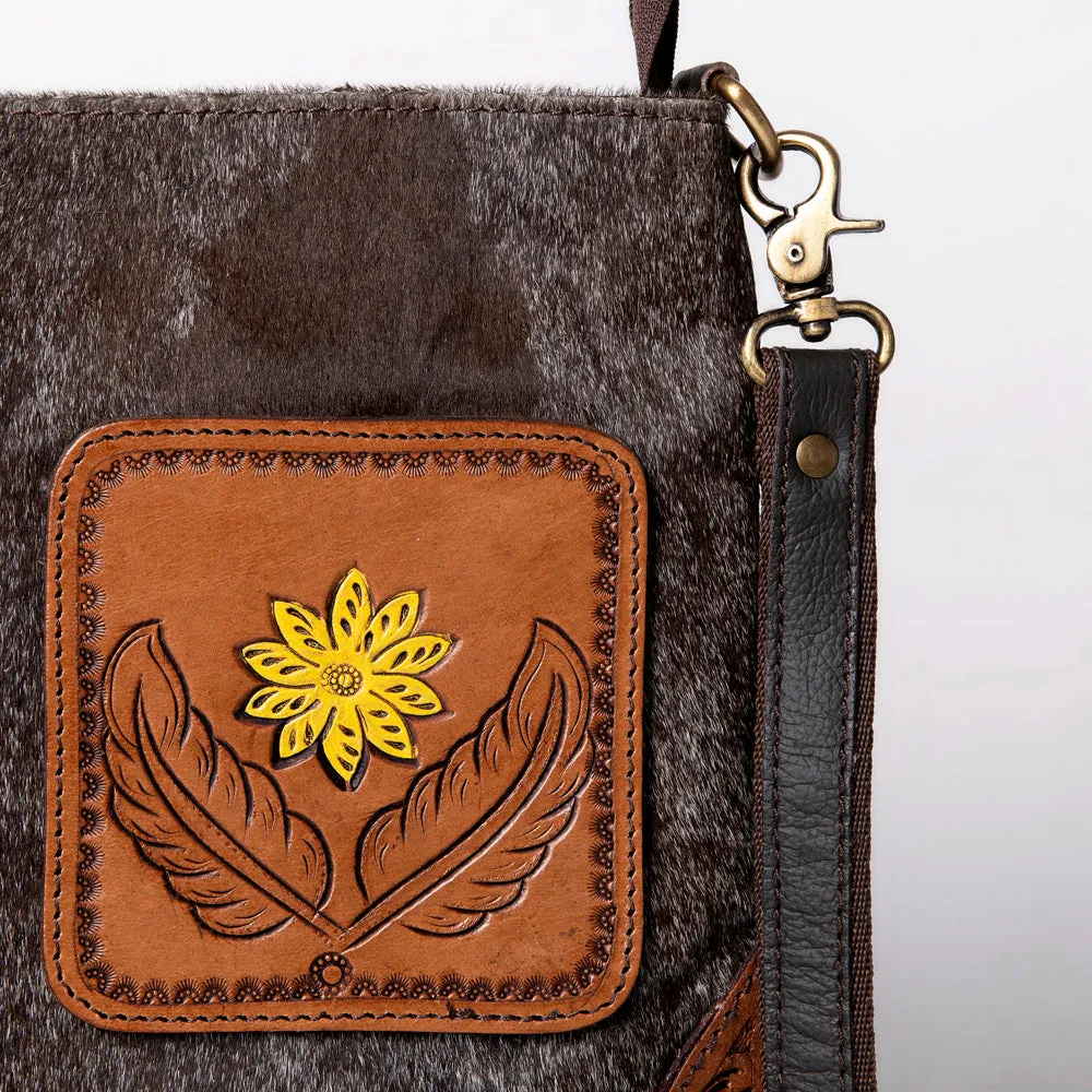KBA119 - KBA119 -CROSS BODY Hand Tooled Saddle Leather and Upcycled Canvas Ladies Bag 14.5x14 KBA119