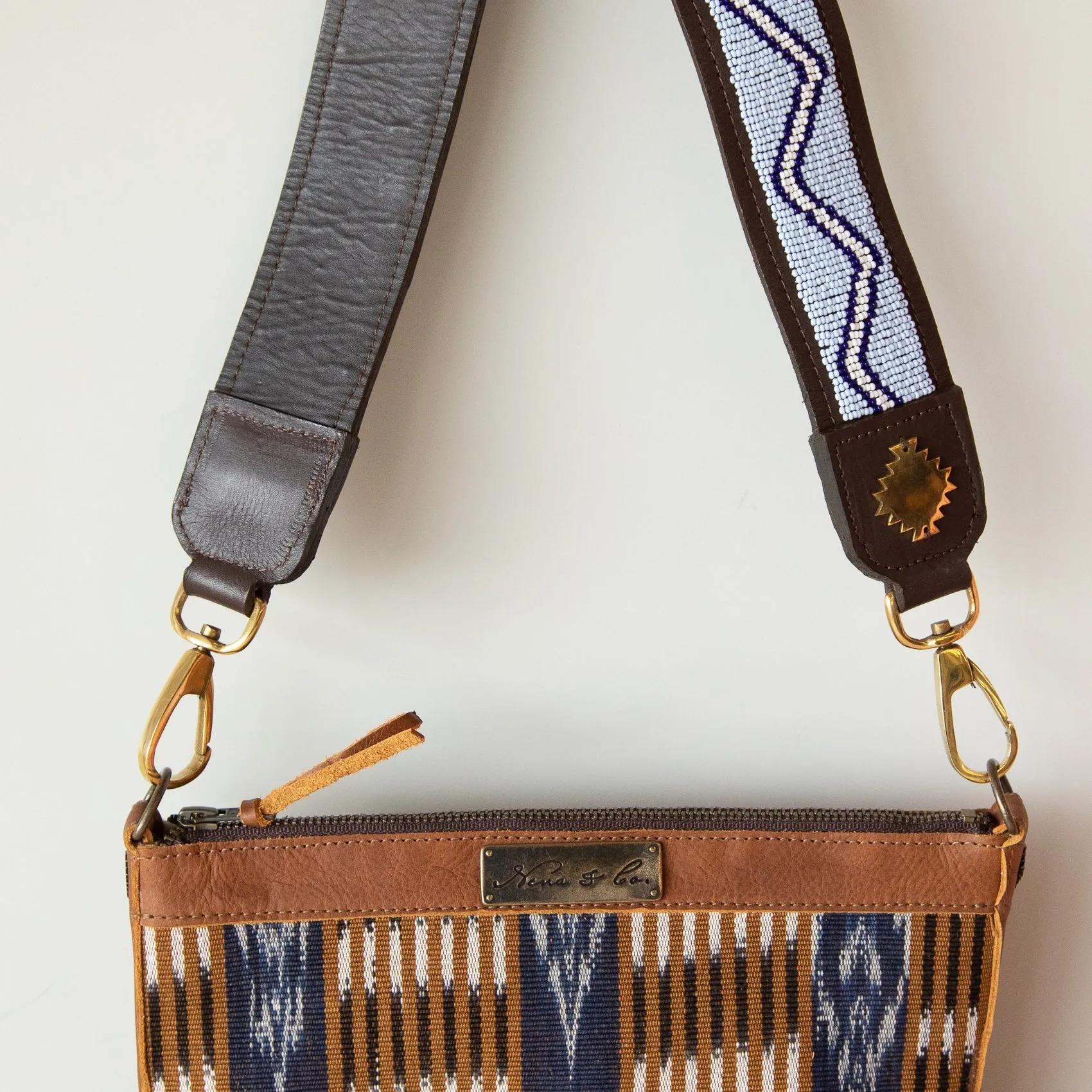 KENYA COLLECTION - BEADED LEATHER SHOULDER STRAP - PERIWINKLE & ROYAL - MOCHA LEATHER