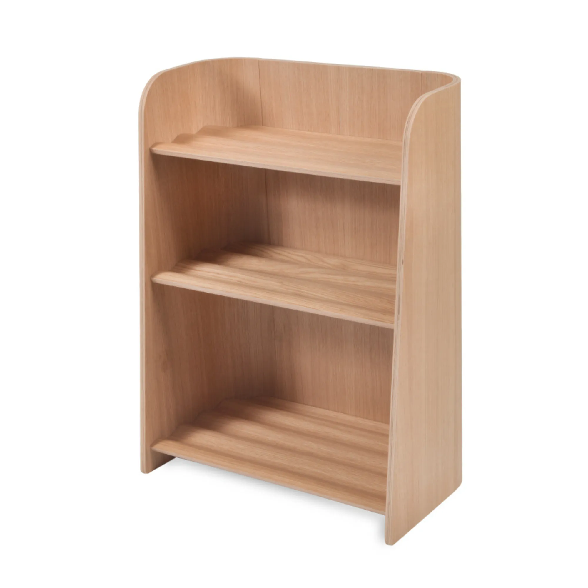 Kinderbuchregal Montessori-inspiriert, FSC-Buchenholz, sichere Farbe, ab 1 Jahr, geschwungenes Design.