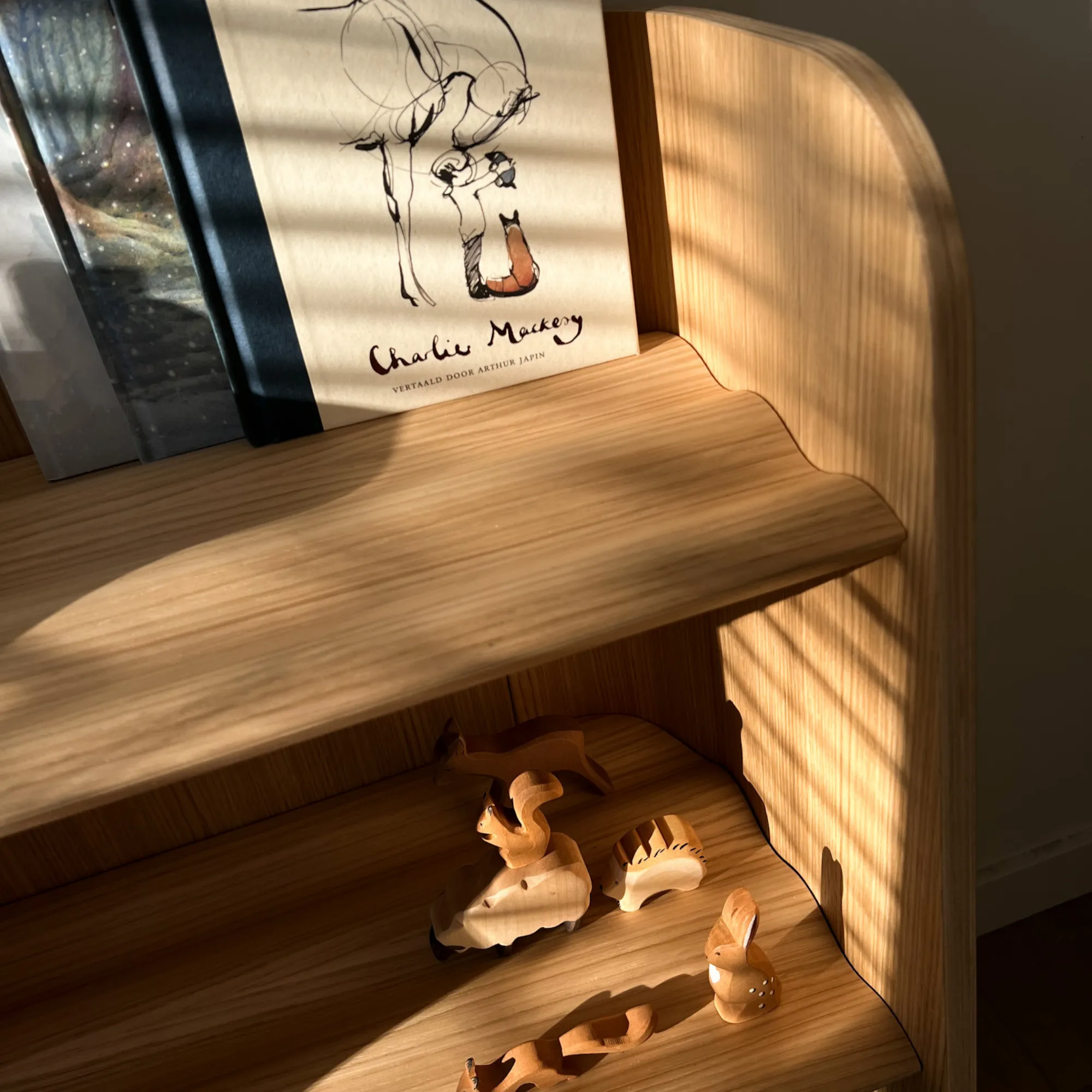 Kinderbuchregal Montessori-inspiriert, FSC-Buchenholz, sichere Farbe, ab 1 Jahr, geschwungenes Design.