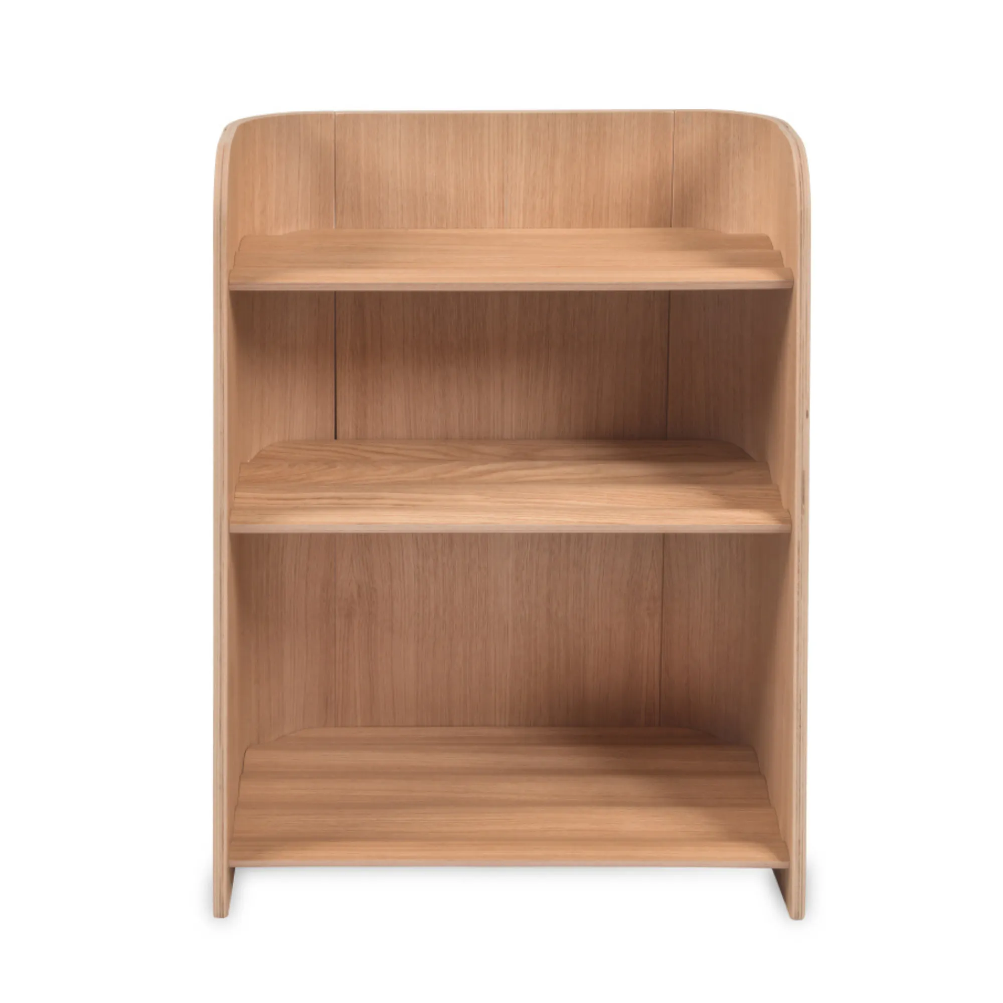 Kinderbuchregal Montessori-inspiriert, FSC-Buchenholz, sichere Farbe, ab 1 Jahr, geschwungenes Design.