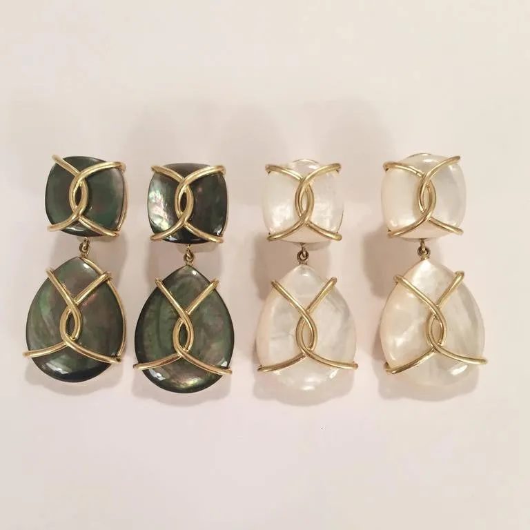 Large 18kt Yellow Gold Abalone Cushion and pear shaped Drop Earrings with Twisted Gold Detail