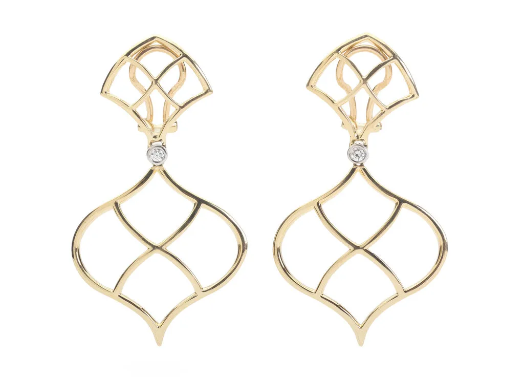 Large 18kt Yellow Gold Abalone Cushion and pear shaped Drop Earrings with Twisted Gold Detail