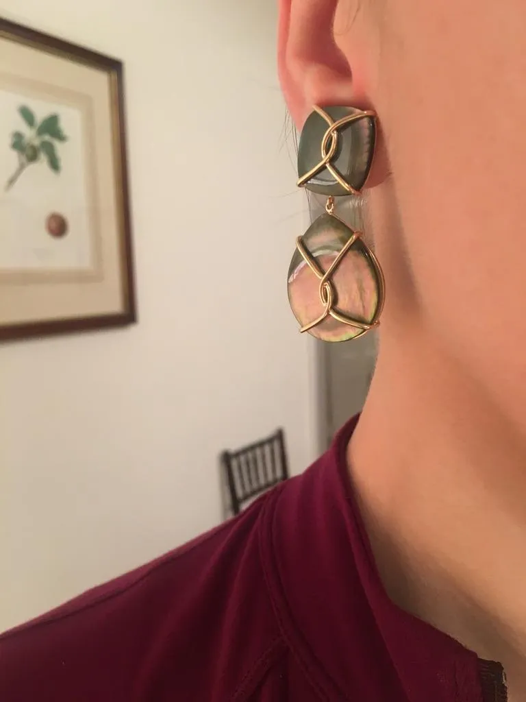 Large 18kt Yellow Gold Abalone Cushion and pear shaped Drop Earrings with Twisted Gold Detail