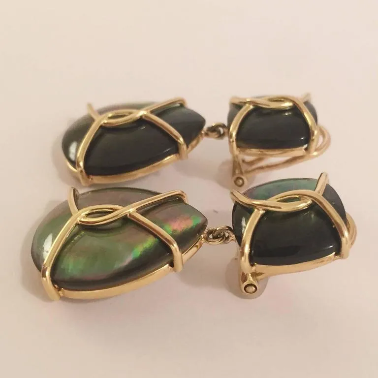 Large 18kt Yellow Gold Abalone Cushion and pear shaped Drop Earrings with Twisted Gold Detail