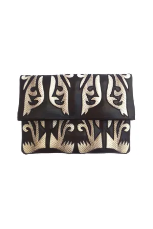 LEATHER AND SNAKESKIN CUT WORK FOLDOVER LARGE BLACK/NATURAL