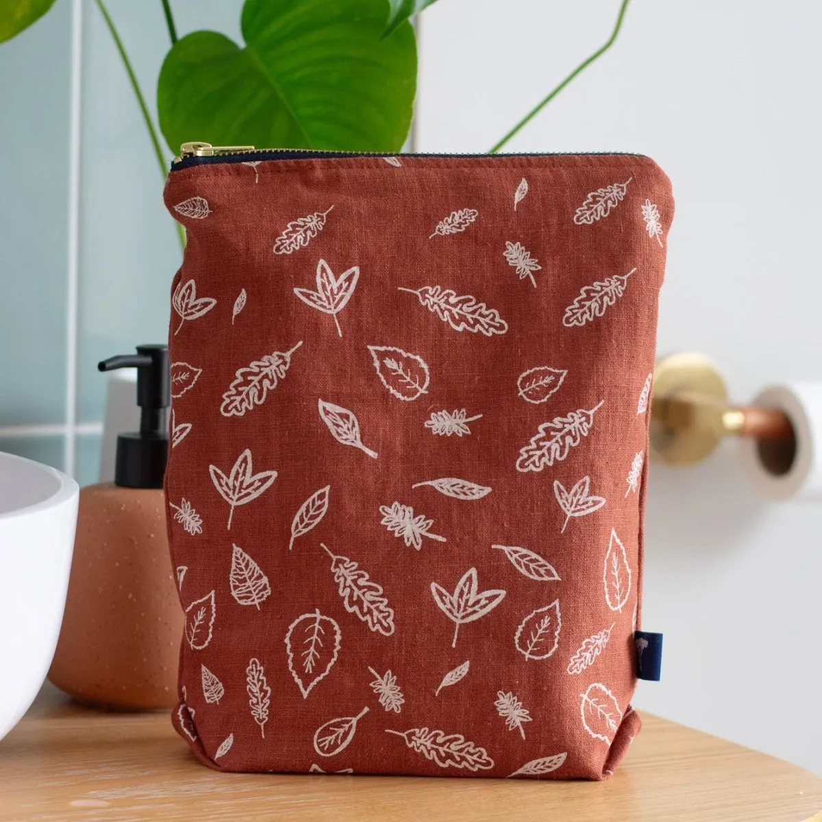 Linen Toiletry Bag with Leaf Design
