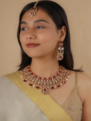 Maroon Color Gold Plated Faux Polki Bridal Necklace Set - PK-S157P