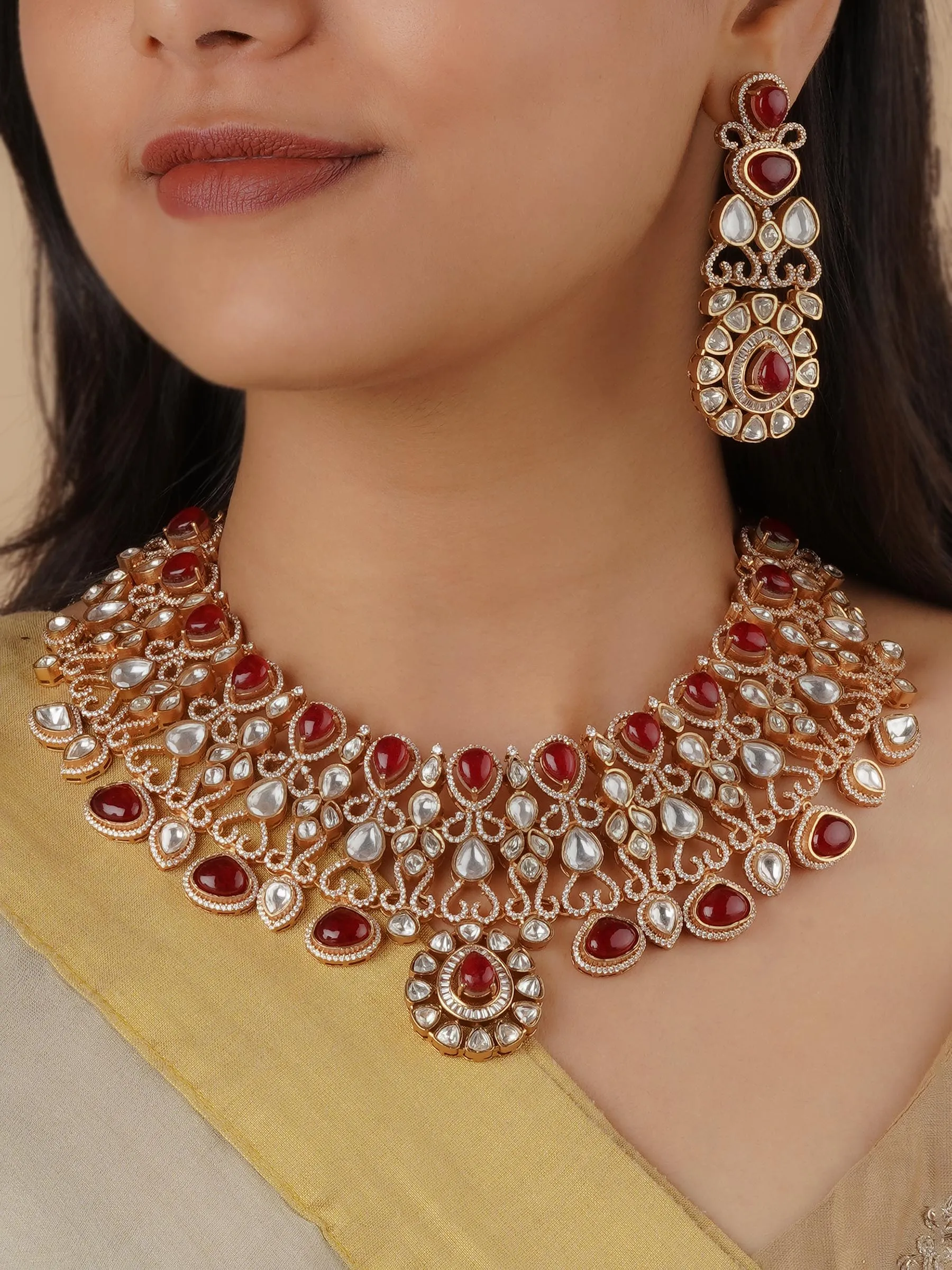 Maroon Color Gold Plated Faux Polki Bridal Necklace Set - PK-S157P