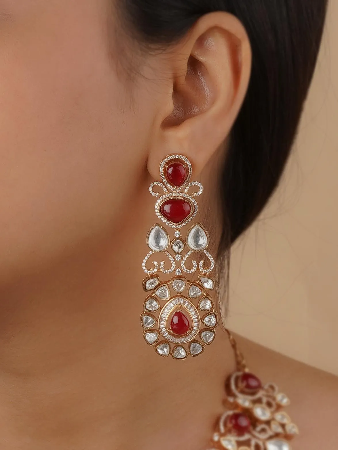 Maroon Color Gold Plated Faux Polki Bridal Necklace Set - PK-S157P