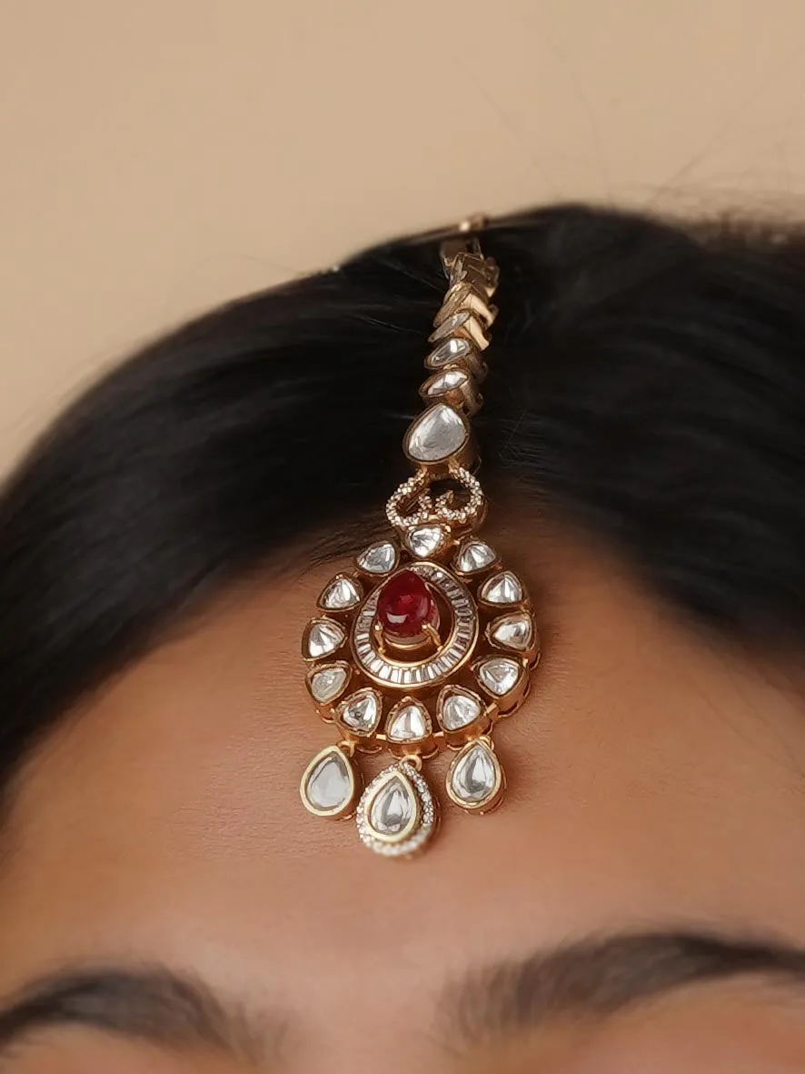 Maroon Color Gold Plated Faux Polki Bridal Necklace Set - PK-S157P