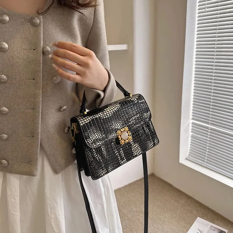 Metallic Silver Womens Crocodile Pattern Pu Leather Messenger Bag