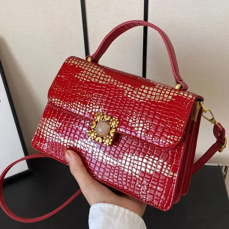 Metallic Silver Womens Crocodile Pattern Pu Leather Messenger Bag