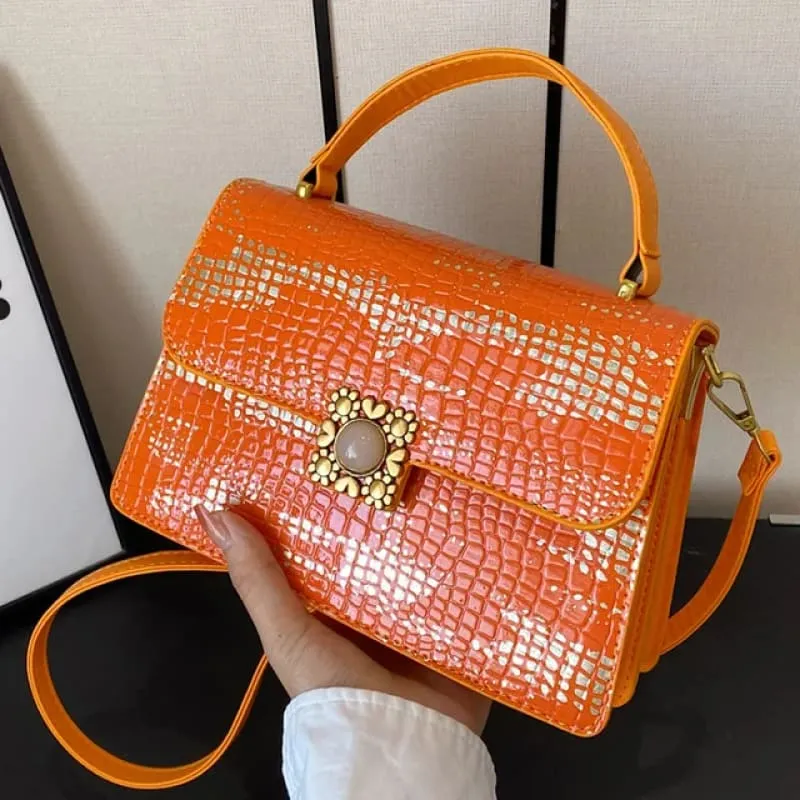 Metallic Silver Womens Crocodile Pattern Pu Leather Messenger Bag