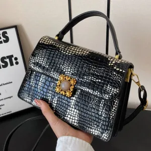 Metallic Silver Womens Crocodile Pattern Pu Leather Messenger Bag