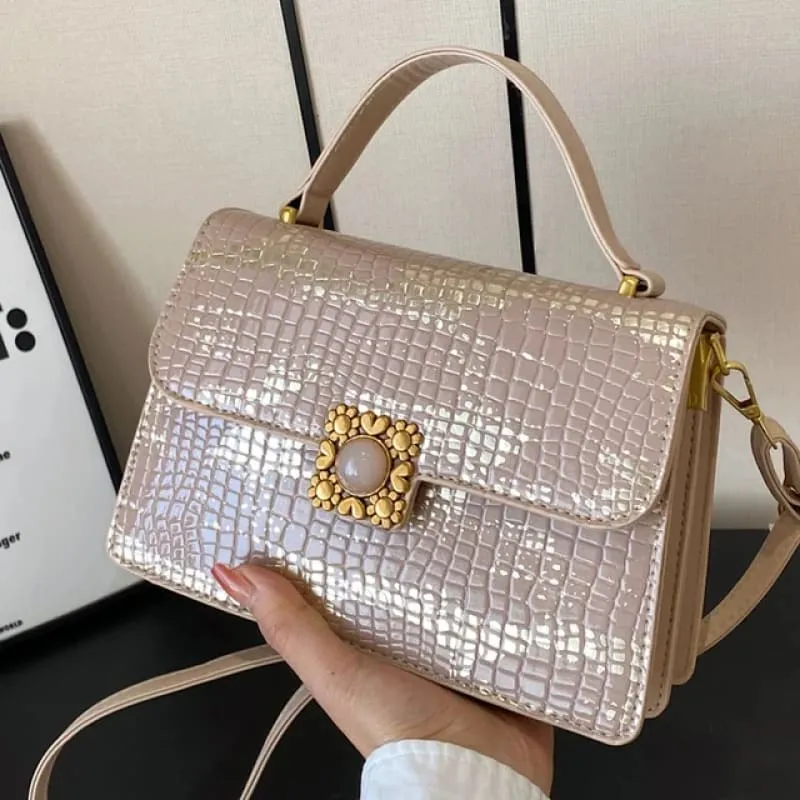 Metallic Silver Womens Crocodile Pattern Pu Leather Messenger Bag