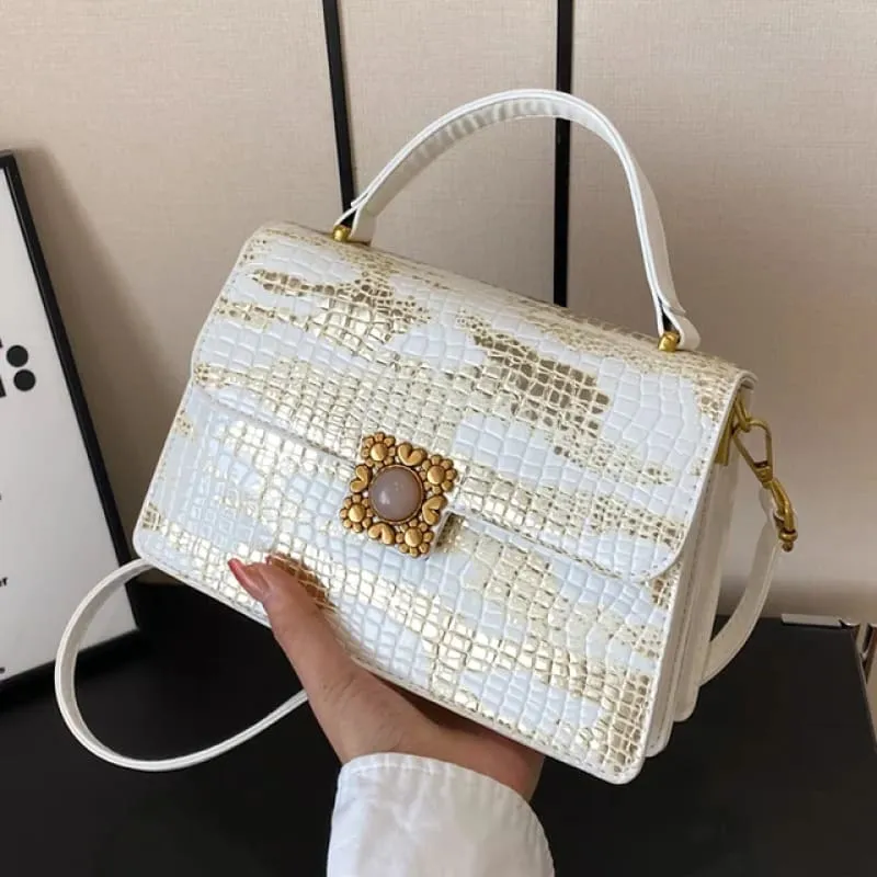 Metallic Silver Womens Crocodile Pattern Pu Leather Messenger Bag