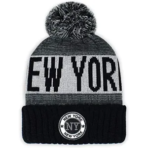 New York Men's Winter Knit Landmark Patch Pom Beanie (Black/Light Gray)
