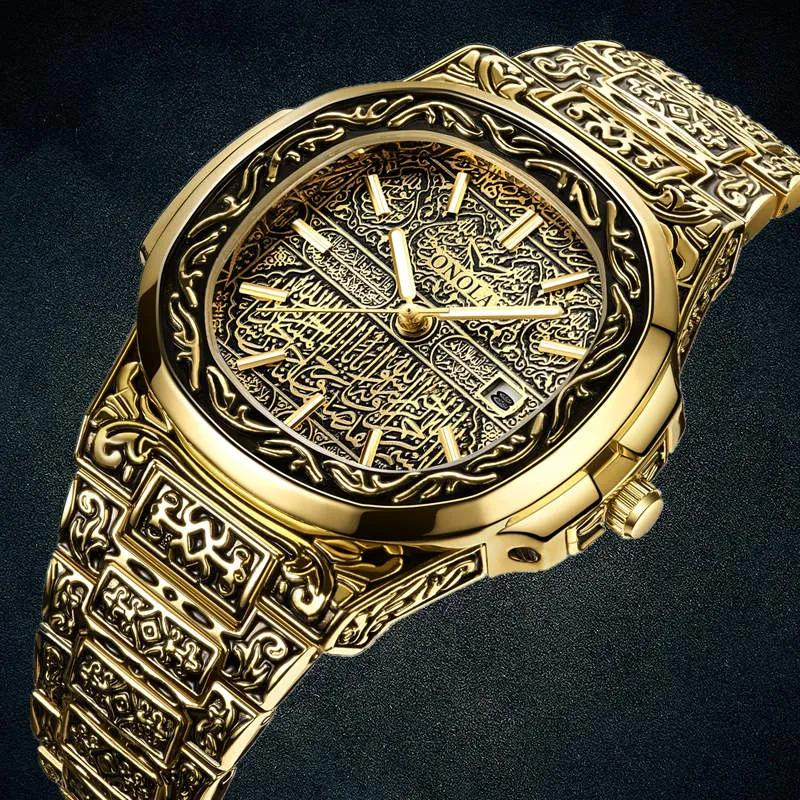 ONOLA   Retro Stainless Steel Water Resistant Men's Watch Uniquely Carved Band & Face