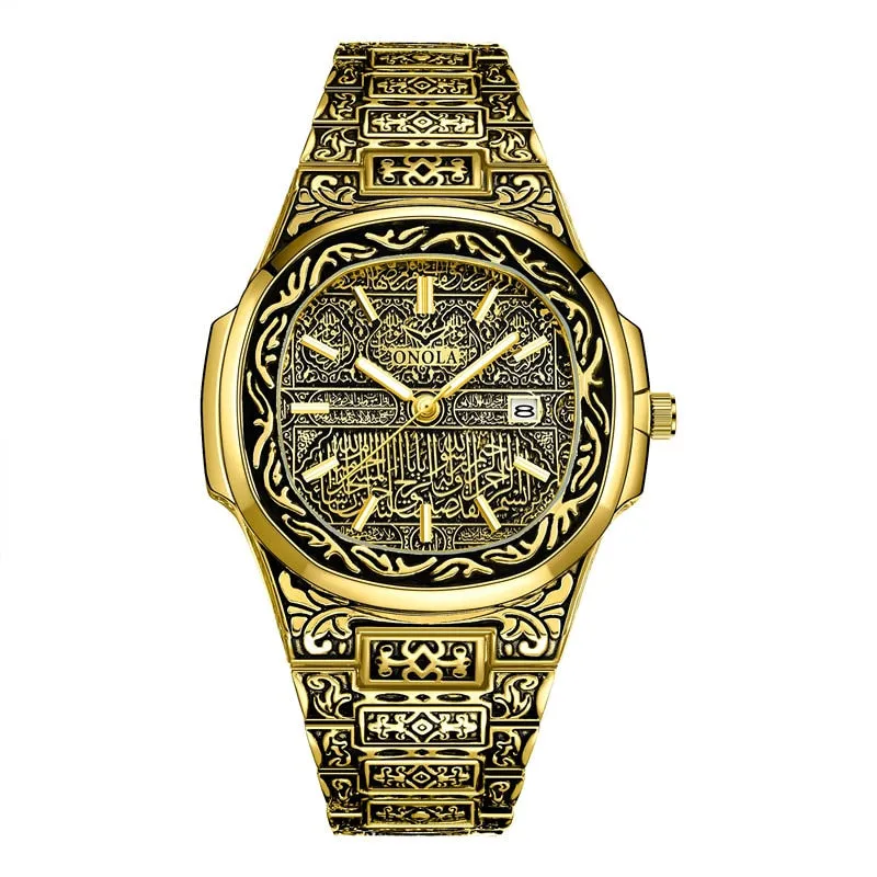ONOLA   Retro Stainless Steel Water Resistant Men's Watch Uniquely Carved Band & Face