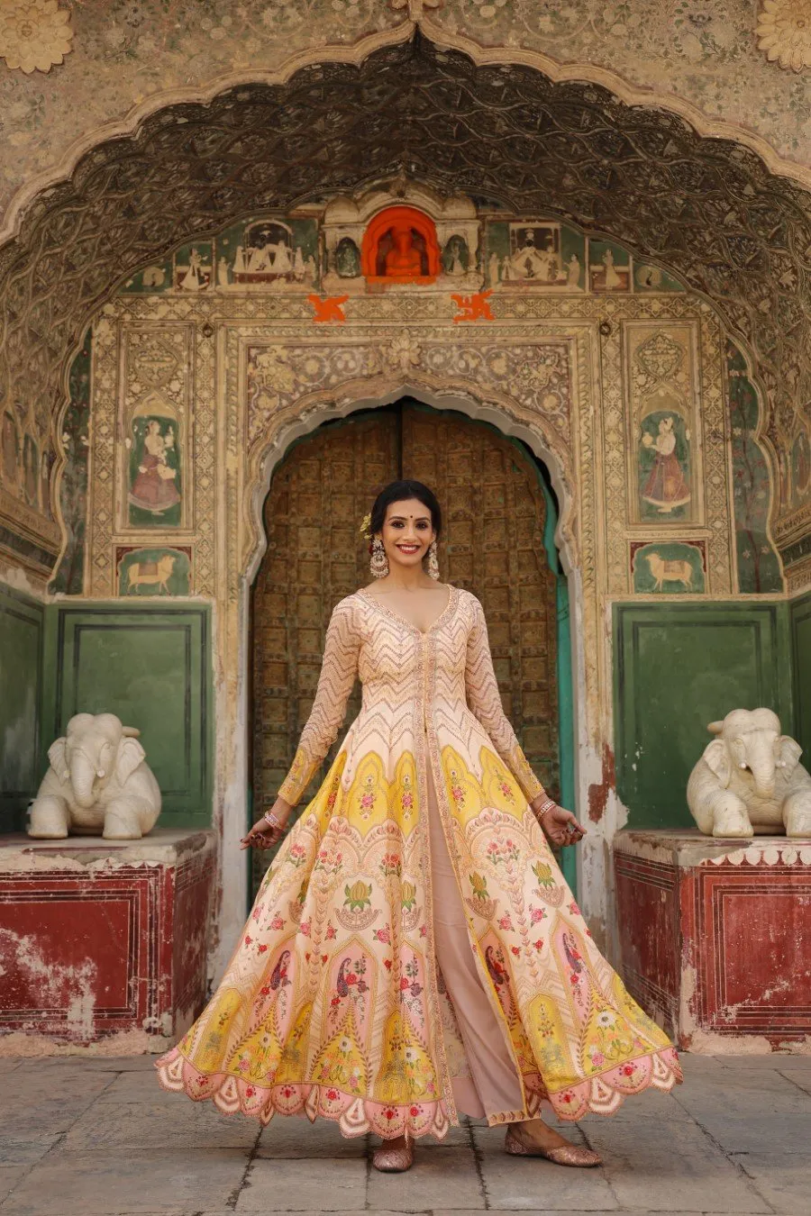 Peach Mughal Printed Chanderi Anarkali with Pants