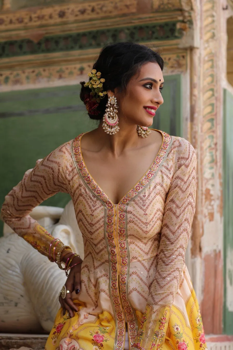 Peach Mughal Printed Chanderi Anarkali with Pants