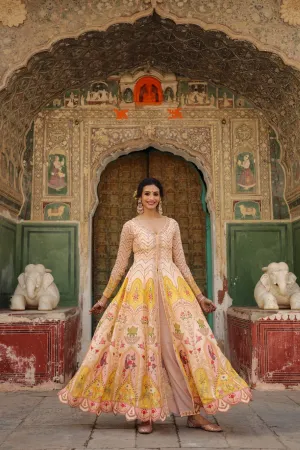 Peach Mughal Printed Chanderi Anarkali with Pants