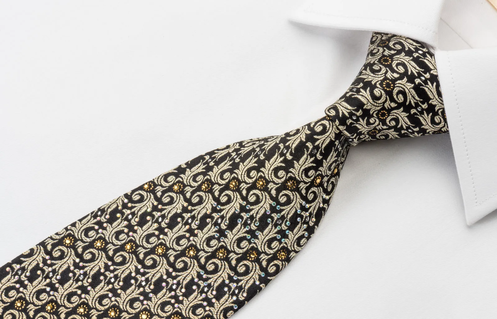 Pierre Cardin Rhinestone Necktie Golden Leaf On Black With Silver Sparkles