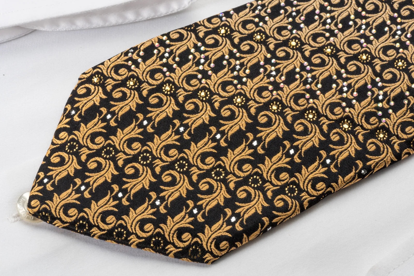 Pierre Cardin Rhinestone Necktie Golden Leaf On Black With Silver Sparkles