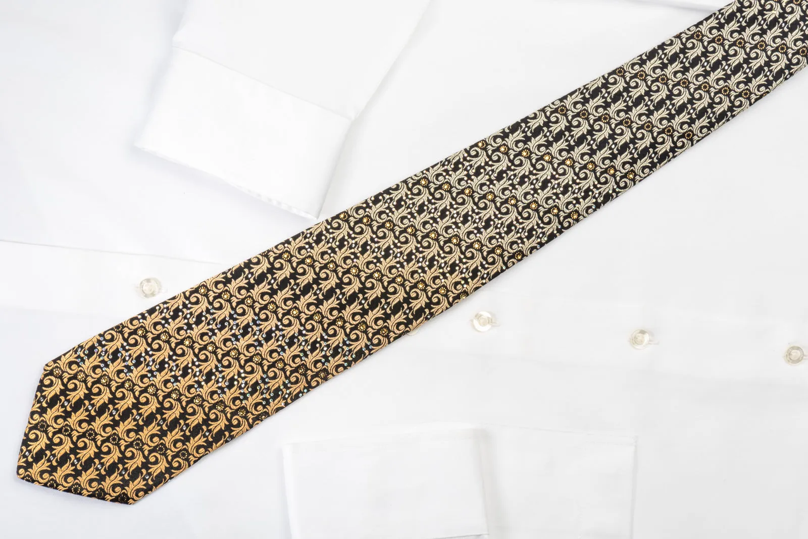 Pierre Cardin Rhinestone Necktie Golden Leaf On Black With Silver Sparkles